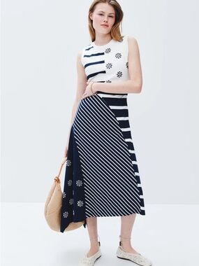 Tanya Taylor Navy and White Mixed-Stripe Maxi Skirt